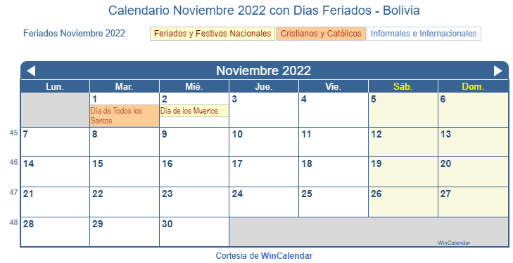 Calendario Bolivia Noviembre 2022 en formato de imagen para imprimir.