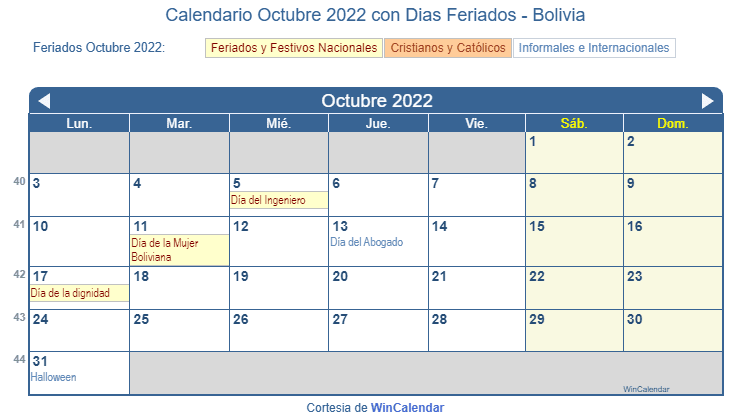 Calendario Bolivia Octubre 2022 en formato de imagen para imprimir.