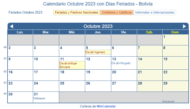 Calendario Bolivia Octubre 2023 en formato de imagen para imprimir.