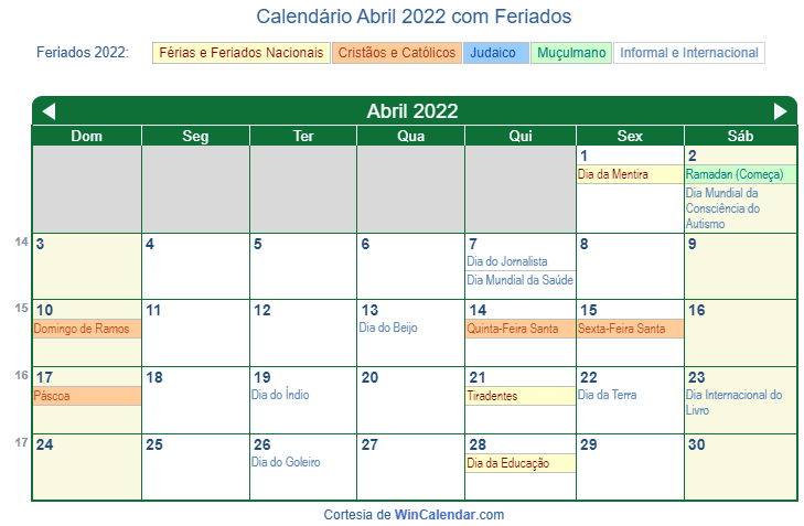 Calendário Brasileiro de Abril de 2022 em formato de imagem para impressão.