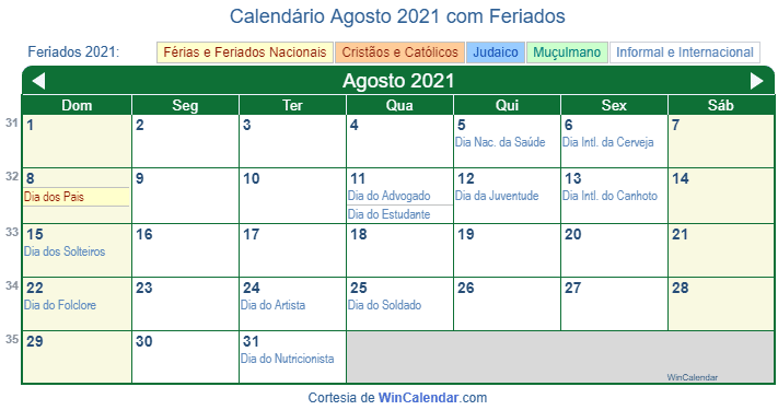 Calendário Brasileiro de Agosto de 2021 em formato de imagem para impressão.