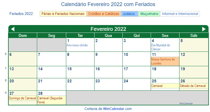 Calendário Brasileiro de Fevereiro de 2022 em formato de imagem para impressão.