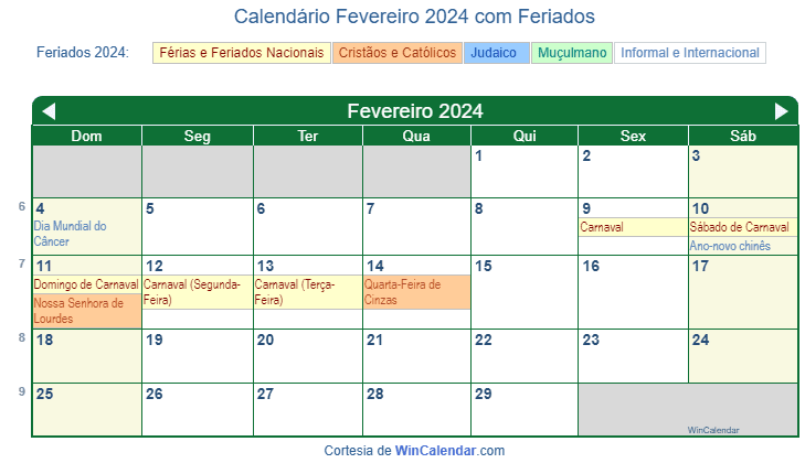 Calendário de Fevereiro de 2024 para impressão - Brasil