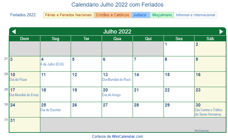 Calendário Brasileiro de Julho de 2022 em formato de imagem para impressão.