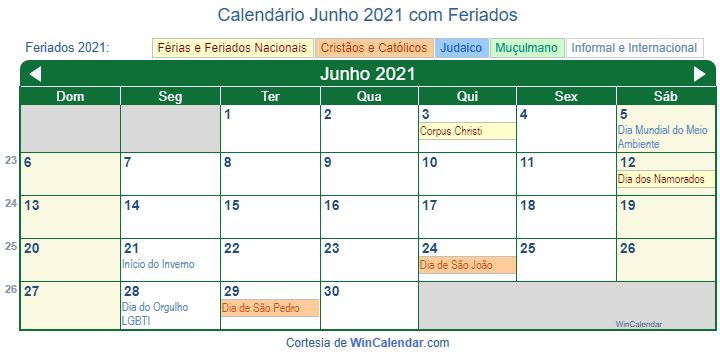 Calendário Brasileiro de Junho de 2021 em formato de imagem para impressão.