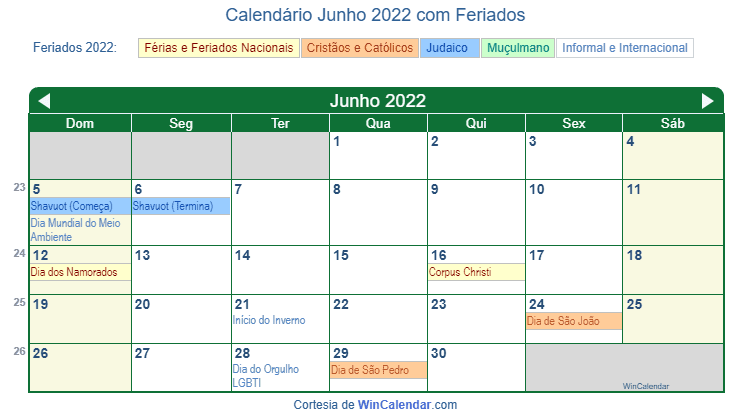 Calendário de Junho de 2022 para impressão - Brasil