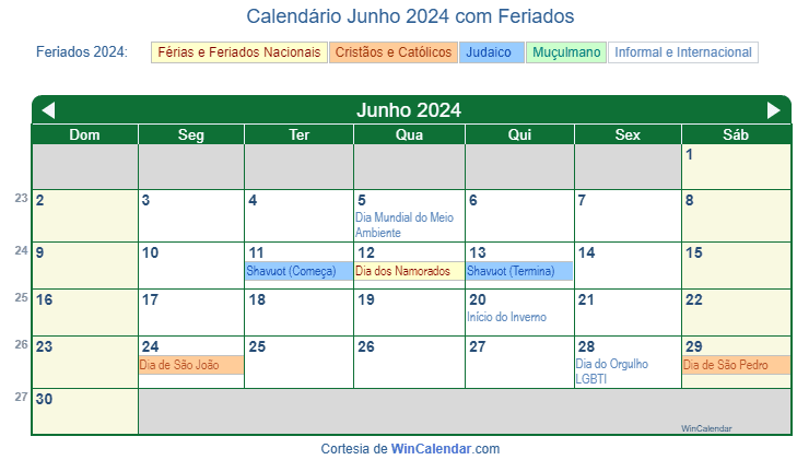 Calendário Brasileiro de Junho de 2024 em formato de imagem para impressão.