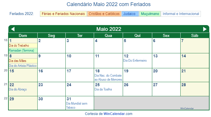 Calendário Brasileiro de Maio de 2022 em formato de imagem para impressão.