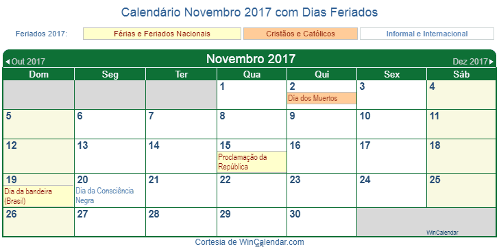 Calendário Brasileiro Novembro 2017 em formato de imagem para imprimir.