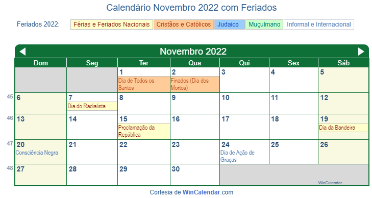 Calendário Brasileiro de Novembro de 2022 em formato de imagem para impressão.
