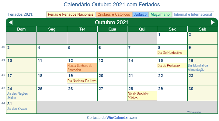 Calendário Brasileiro de Outubro de 2021 em formato de imagem para impressão.