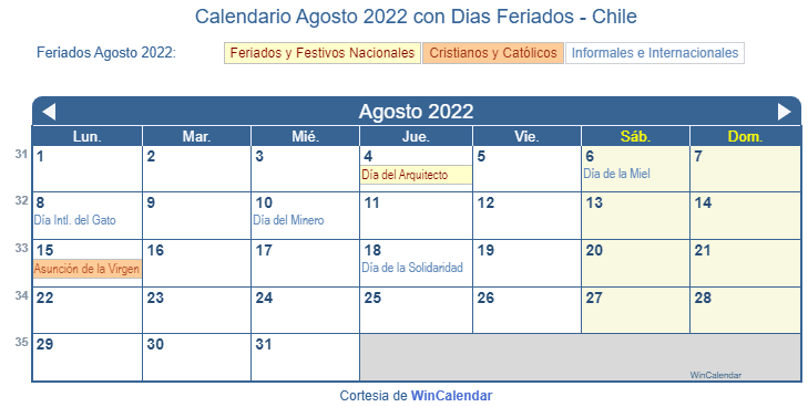 Calendario Chile Agosto 2022 en formato de imagen para imprimir.