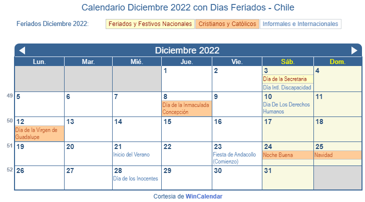 Calendario Chile Diciembre 2022 en formato de imagen para imprimir.