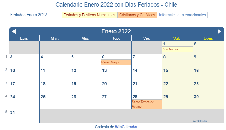 Calendario Chile Enero 2022 en formato de imagen para imprimir.