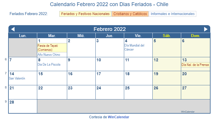 Calendario Chile Febrero 2022 en formato de imagen para imprimir.