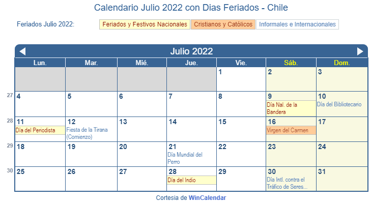 Calendario Chile Julio 2022 en formato de imagen para imprimir.