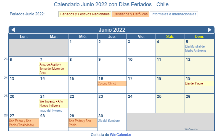 Calendario Chile Junio 2022 en formato de imagen para imprimir.