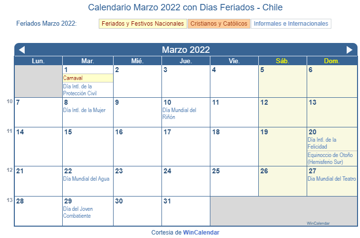 Calendario Chile Marzo 2022 en formato de imagen para imprimir.
