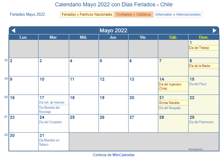 Calendario Chile Mayo 2022 en formato de imagen para imprimir.
