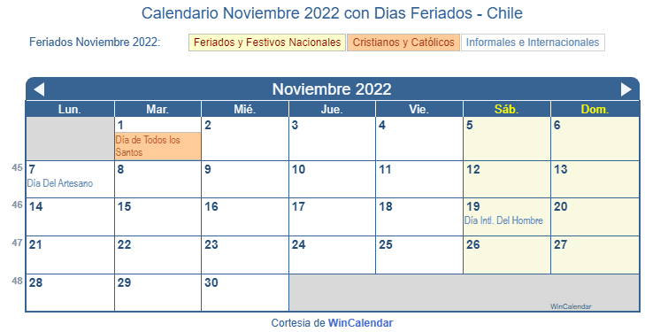 Calendario Chile Noviembre 2022 en formato de imagen para imprimir.