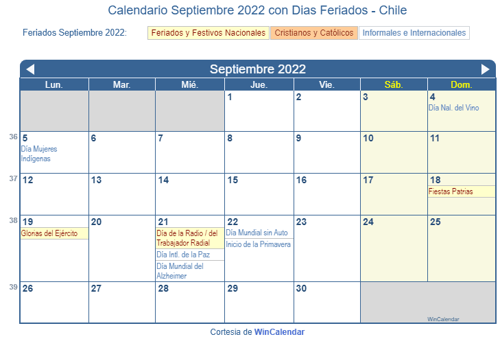 Calendario Chile Septiembre 2022 en formato de imagen para imprimir.