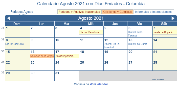Calendario Colombiano Agosto 2021 en formato de imagen para imprimir.