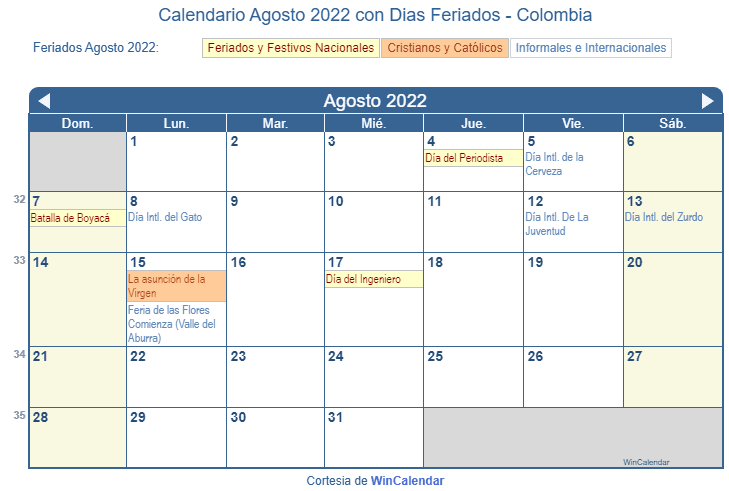 Calendario Colombiano Agosto 2022 en formato de imagen para imprimir.