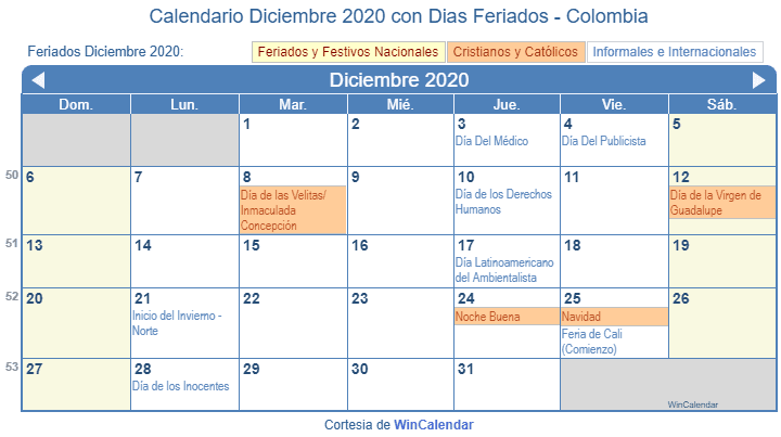 Calendario Colombiano Diciembre 2020 en formato de imagen para imprimir.