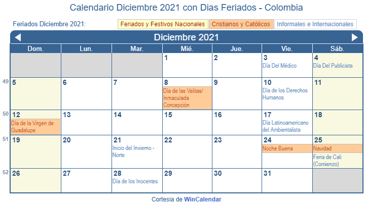 Calendario Colombiano Diciembre 2021 en formato de imagen para imprimir.