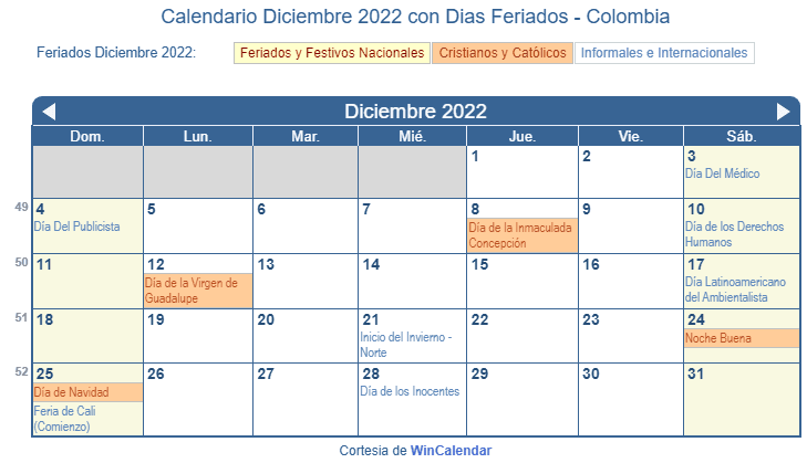 Calendario Colombiano Diciembre 2022 en formato de imagen para imprimir.