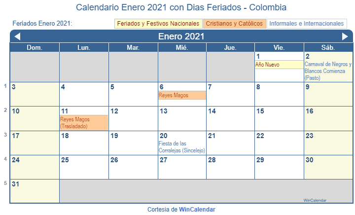 Calendario Colombiano Enero 2021 en formato de imagen para imprimir.