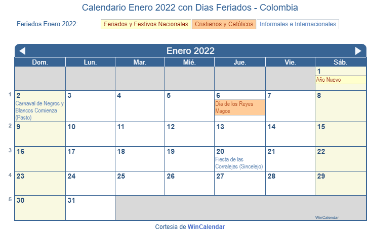 Calendario Colombiano Enero 2022 en formato de imagen para imprimir.