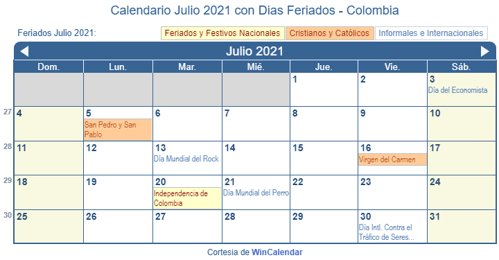 Calendario Colombiano Julio 2021 en formato de imagen para imprimir.