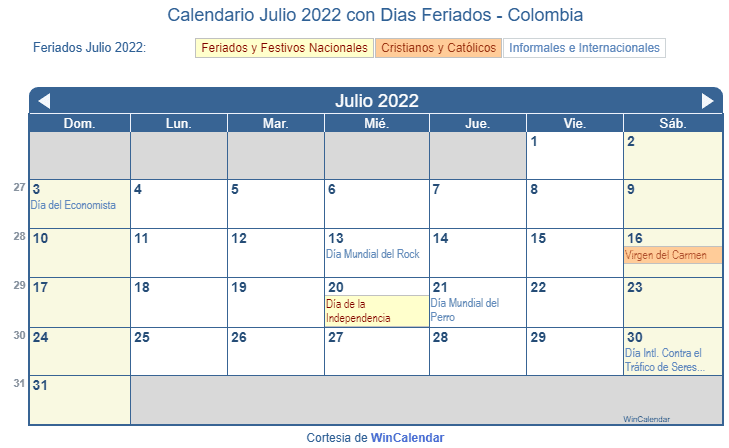 Calendario Colombiano Julio 2022 en formato de imagen para imprimir.