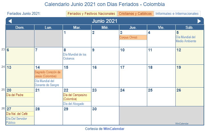 Calendario Colombiano Junio 2021 en formato de imagen para imprimir.