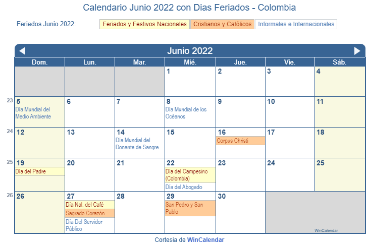 Calendario Colombiano Junio 2022 en formato de imagen para imprimir.