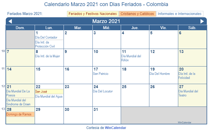 Calendario Colombiano Marzo 2021 en formato de imagen para imprimir.