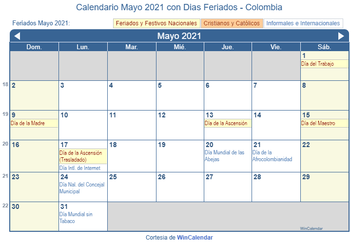 Calendario Colombiano Mayo 2021 en formato de imagen para imprimir.