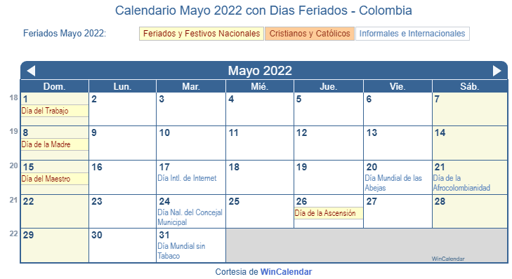 Calendario Colombiano Mayo 2022 en formato de imagen para imprimir.