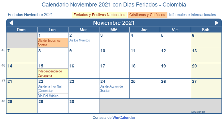 Calendario Colombiano Noviembre 2021 en formato de imagen para imprimir.