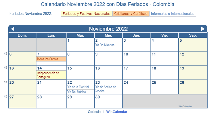 Calendario Colombiano Noviembre 2022 en formato de imagen para imprimir.