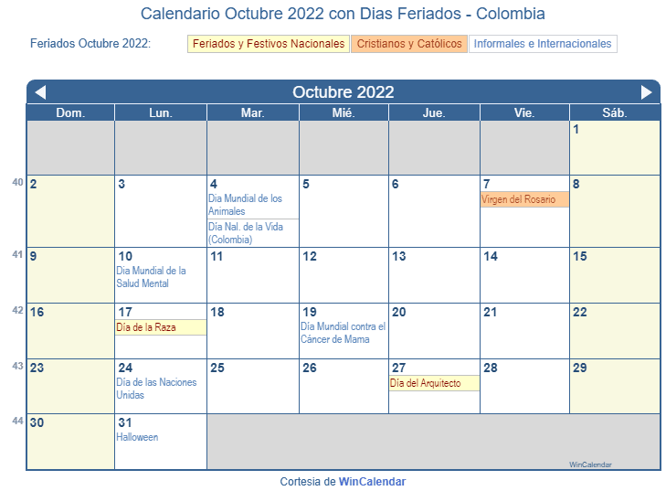 Calendario Colombiano Octubre 2022 en formato de imagen para imprimir.