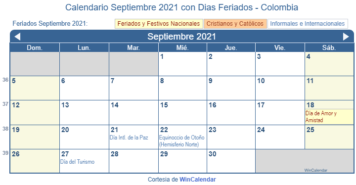 Calendario Colombiano Septiembre 2021 en formato de imagen para imprimir.
