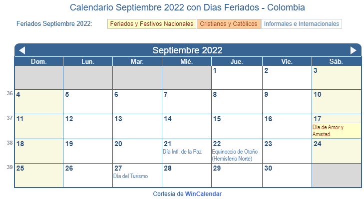 Calendario Colombiano Septiembre 2022 en formato de imagen para imprimir.