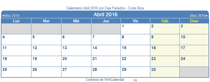 Calendario Costa Rica Abril 2016 en formato de imagen para usarlo como un calendario imprimible.
