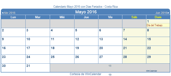 Calendario Costa Rica Mayo 2016 en formato de imagen para usarlo como un calendario imprimible.