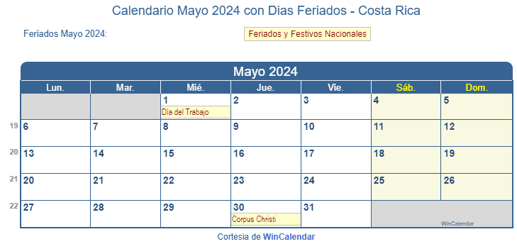 Calendario Costa Rica Mayo 2024 en formato de imagen para imprimir.