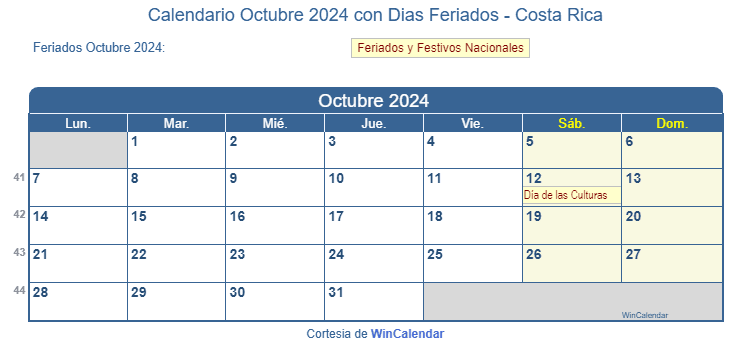 Calendario Costa Rica Octubre 2024 en formato de imagen para imprimir.
