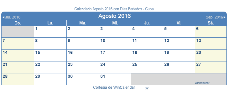 Calendario Cuba Agosto 2016 en formato de imagen para usarlo como un calendario imprimible.