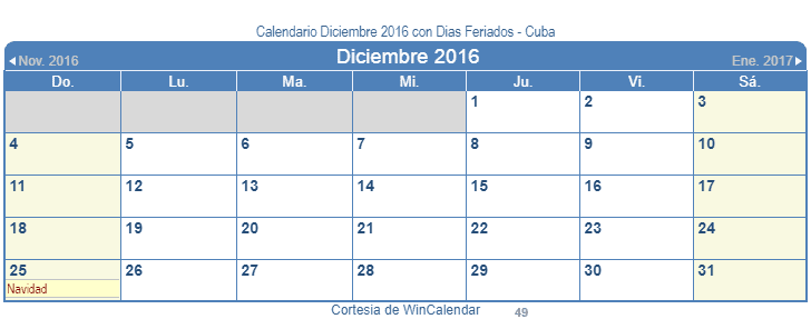 Calendario Cuba Diciembre 2016 en formato de imagen para usarlo como un calendario imprimible.